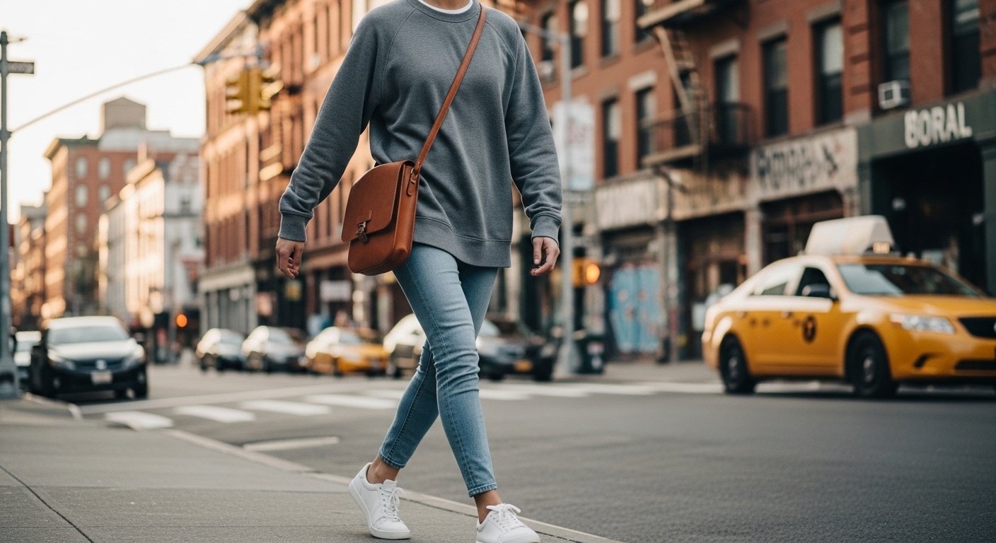 Woman wearing pastel oversized sweatshirt with skinny jeans and white sneakers, stylish casual sweatshirt outfit for women in 2026, urban street background