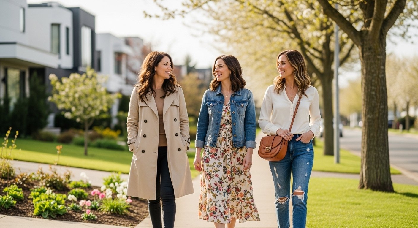 Three stylish American moms walking in a sunny suburban neighborhood wearing trendy and cute mom outfits.