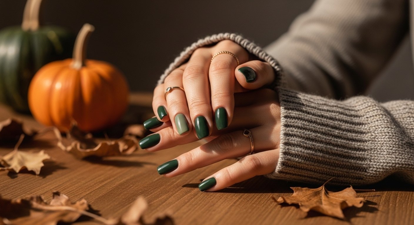 green fall nails with sage and forest tones