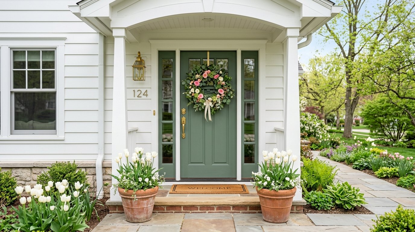 Spring porch layered entry styling with doormat and plants