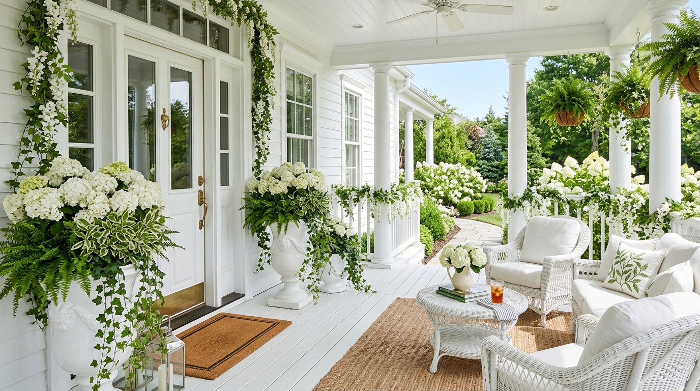 Spring plants and planters on a decorated porch