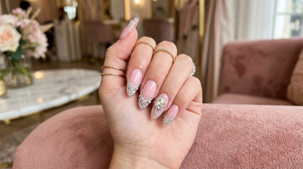  Rhinestone Pink French Tip Nails]