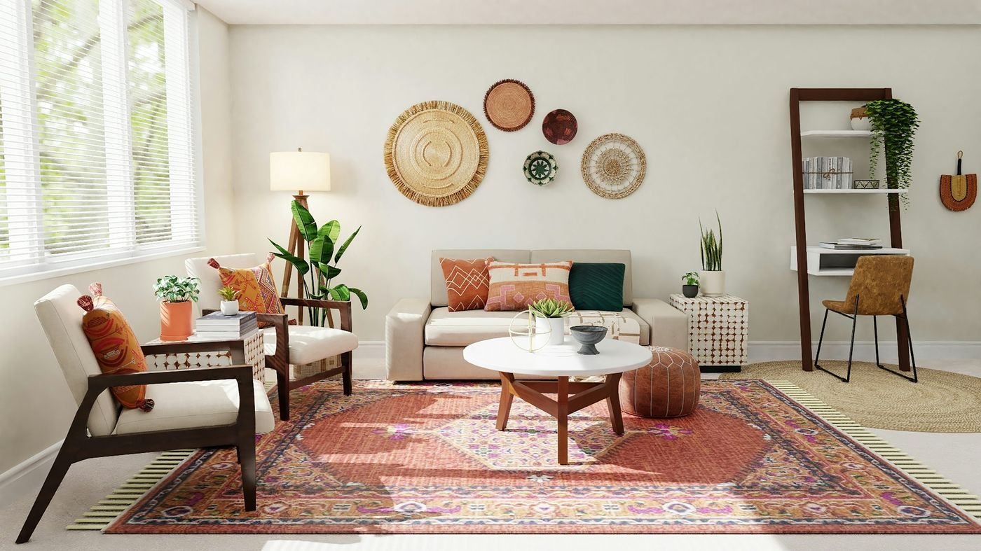 Cozy Afrohemian living room corner with basket wall decor, layered rugs, and green plants