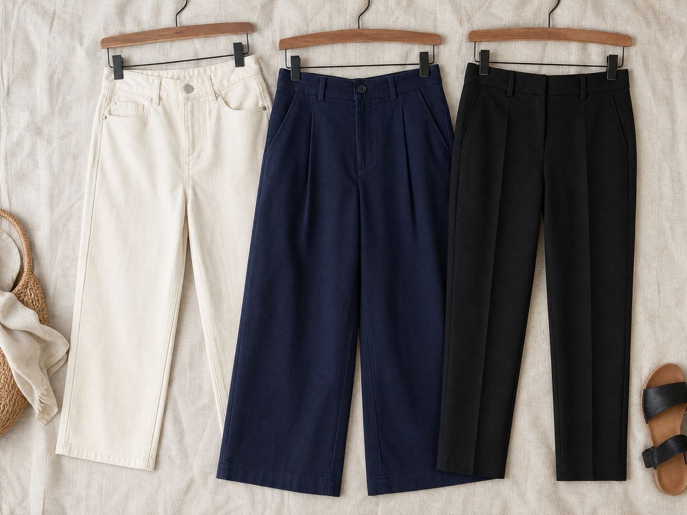 Flat-lay comparison of capri pants in straight, wide-leg, and slim cuts with neutral tops and shoes
