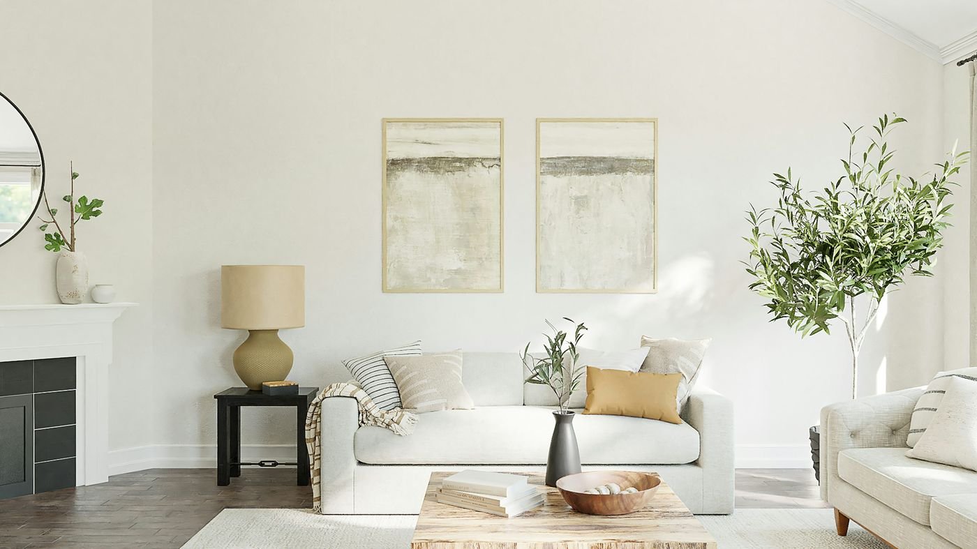 Budget-friendly farmhouse living room with natural textures and warm neutrals