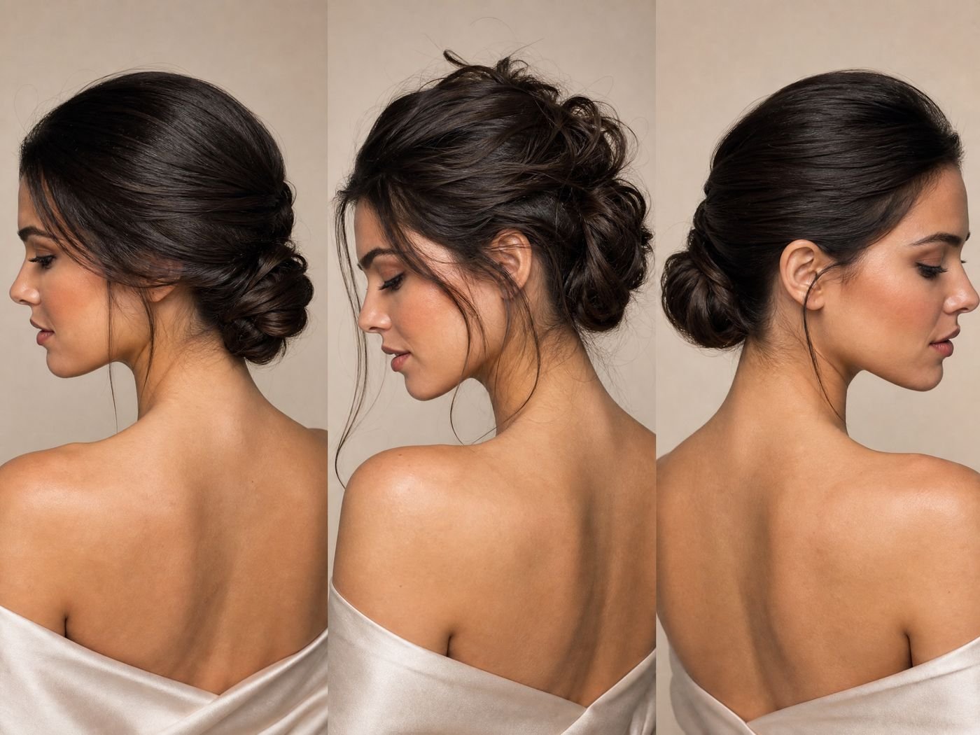 Three French pin updo variations: low twist, side-parted polished version, and textured weekend roll