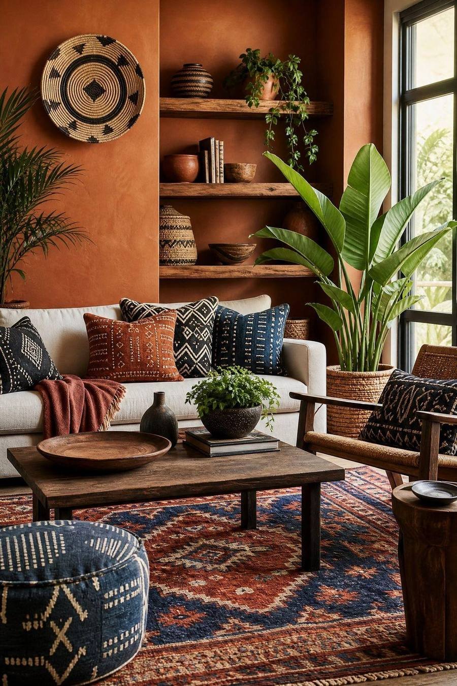 Warm Afrohemian living room with woven baskets, patterned textiles, natural wood, and tropical plants