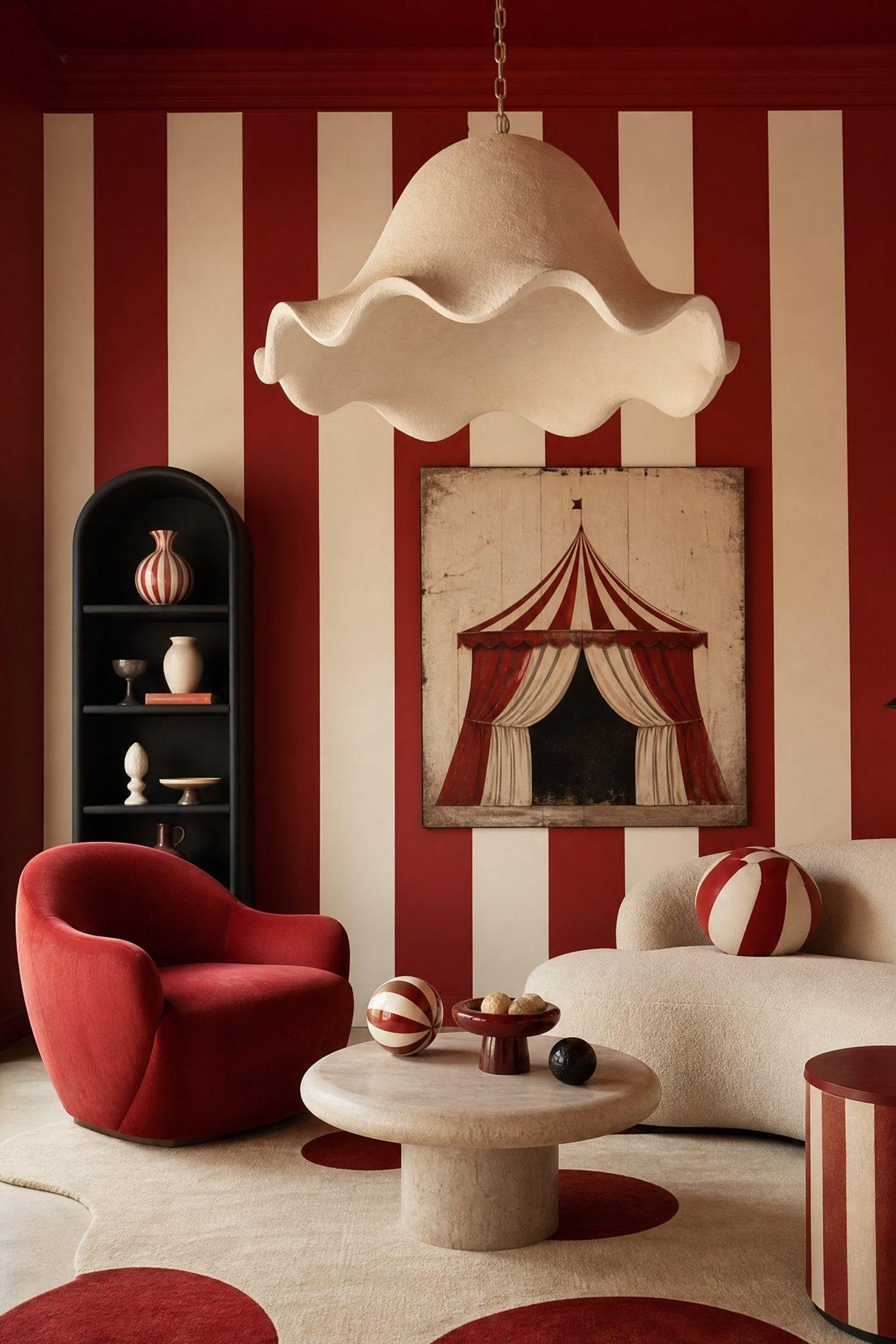 Sophisticated FunHaus room with red and cream stripes, sculptural pendant, curved furniture, and circus art