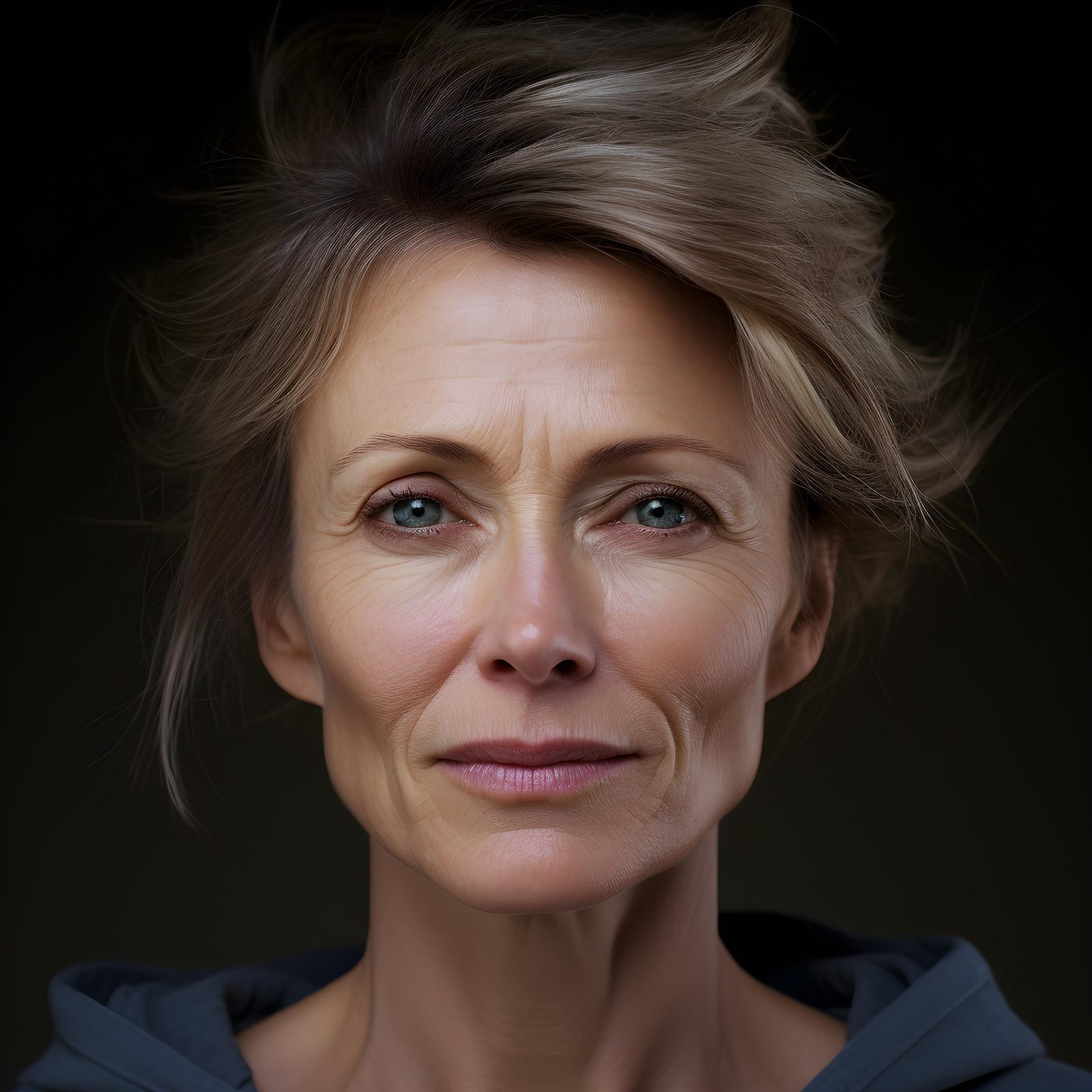 Woman over 50 with a soft short layered natural pixie