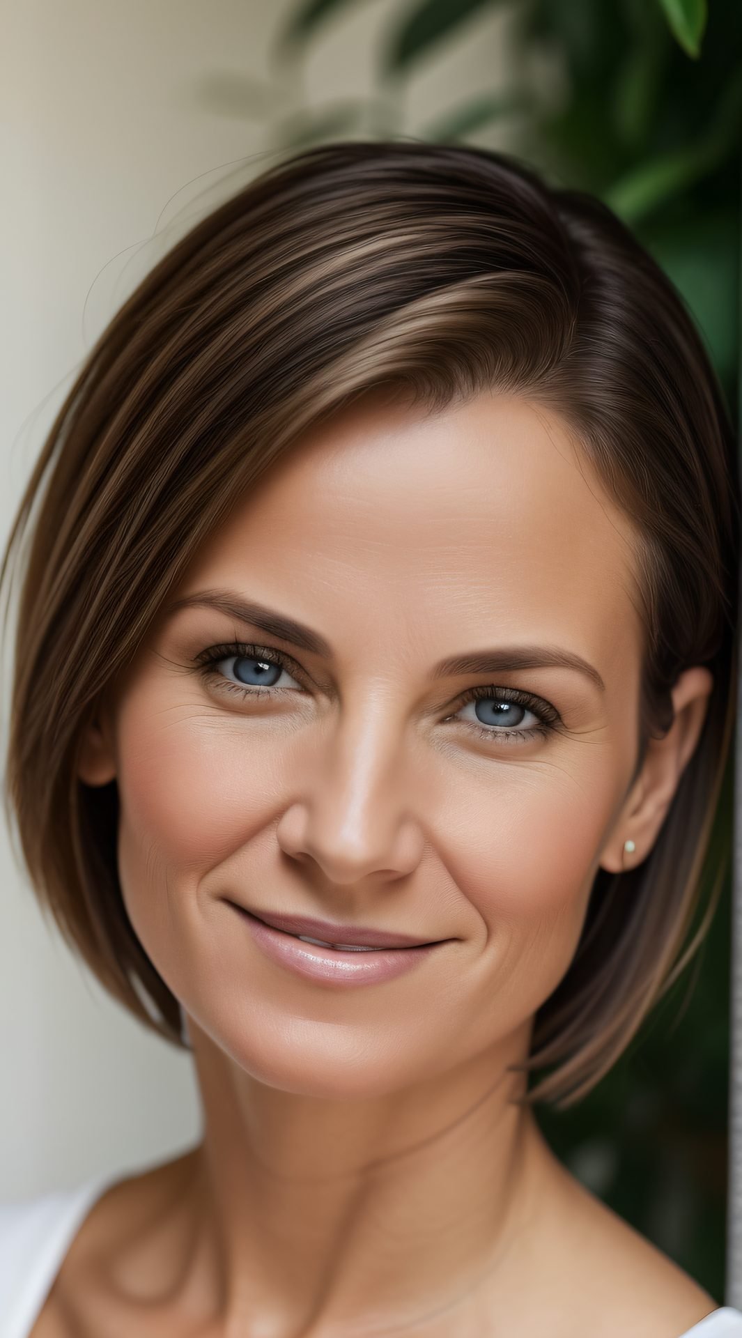 Woman in her 50s with a classic brunette layered bob