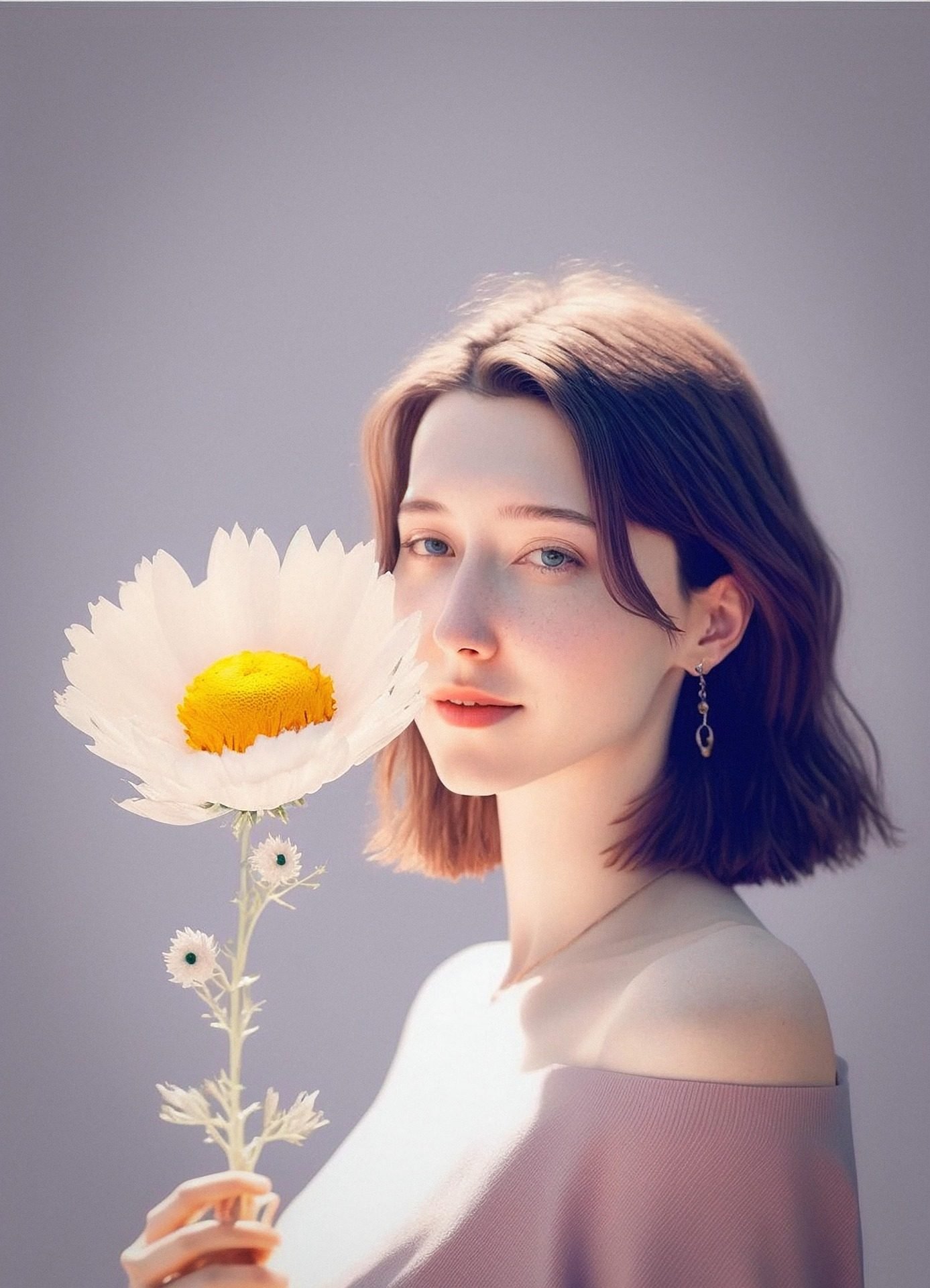 Woman with a textured short bob hairstyle holding a white flower