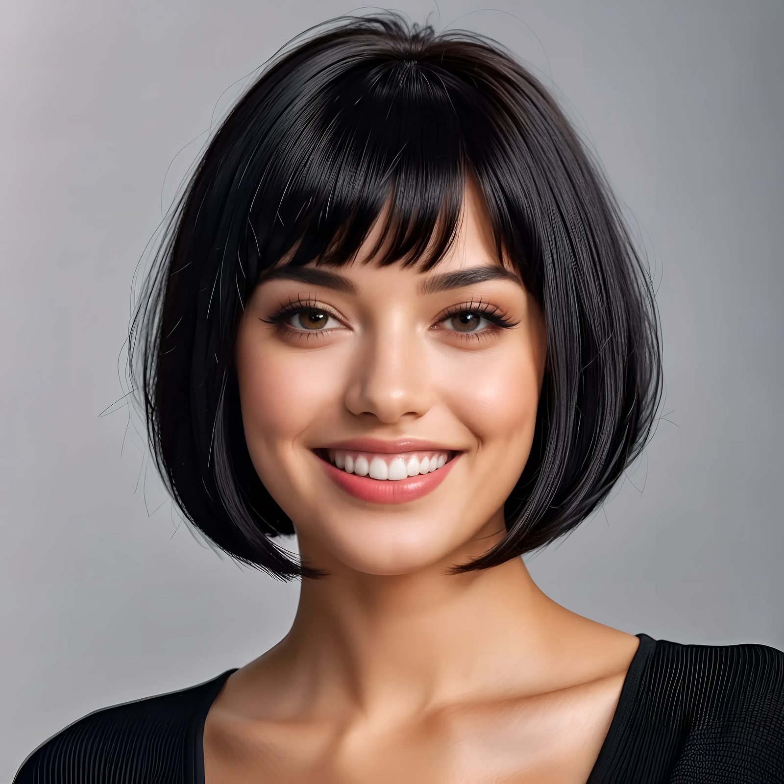 Smiling woman with a glossy black bob haircut and bangs
