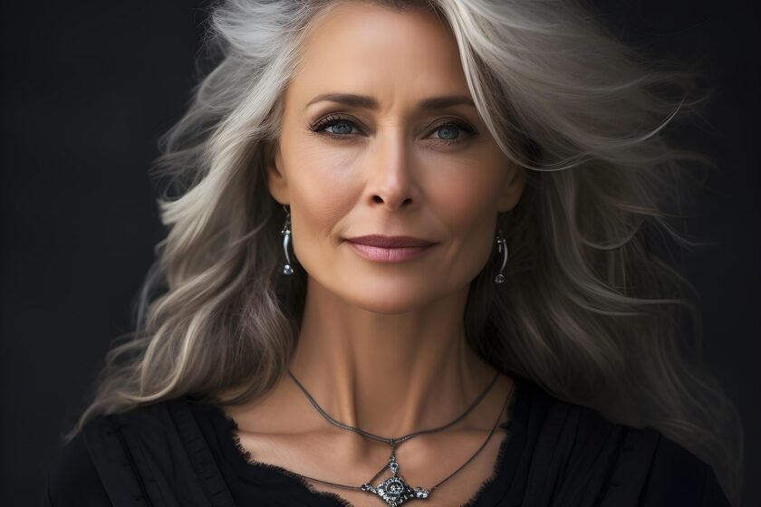 Woman Over 50 With Long Flowing Silver Gray Hair