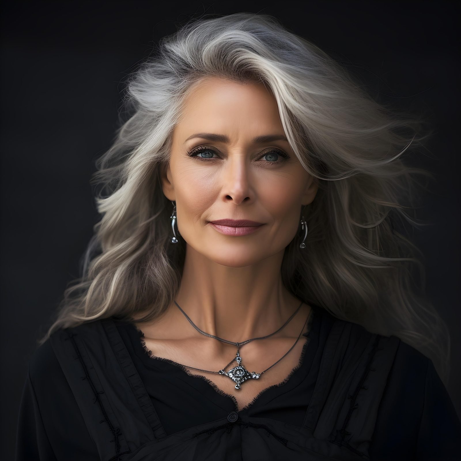 Woman over 50 with long flowing silver gray hair