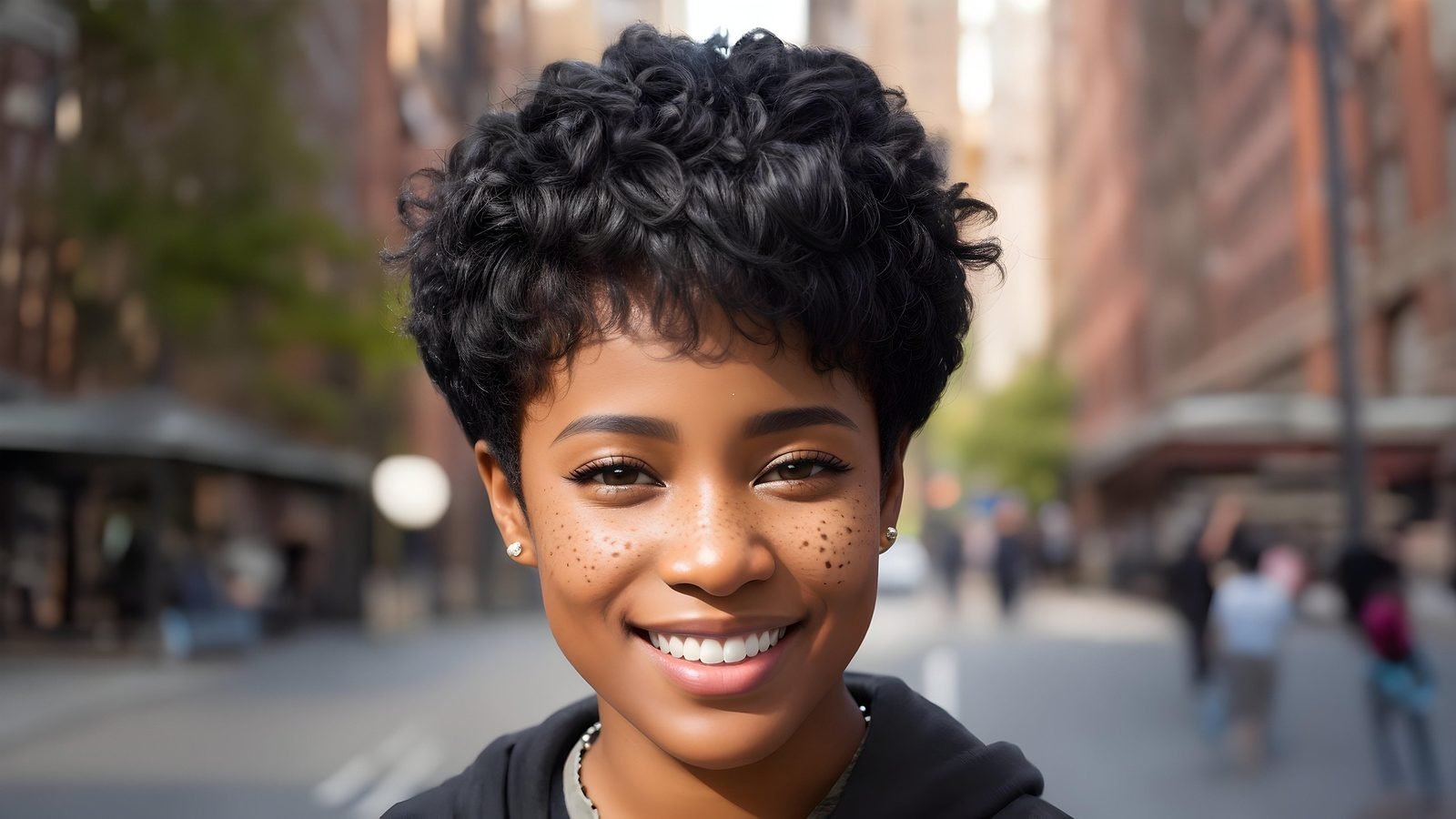 Woman with short curly hair on a city street