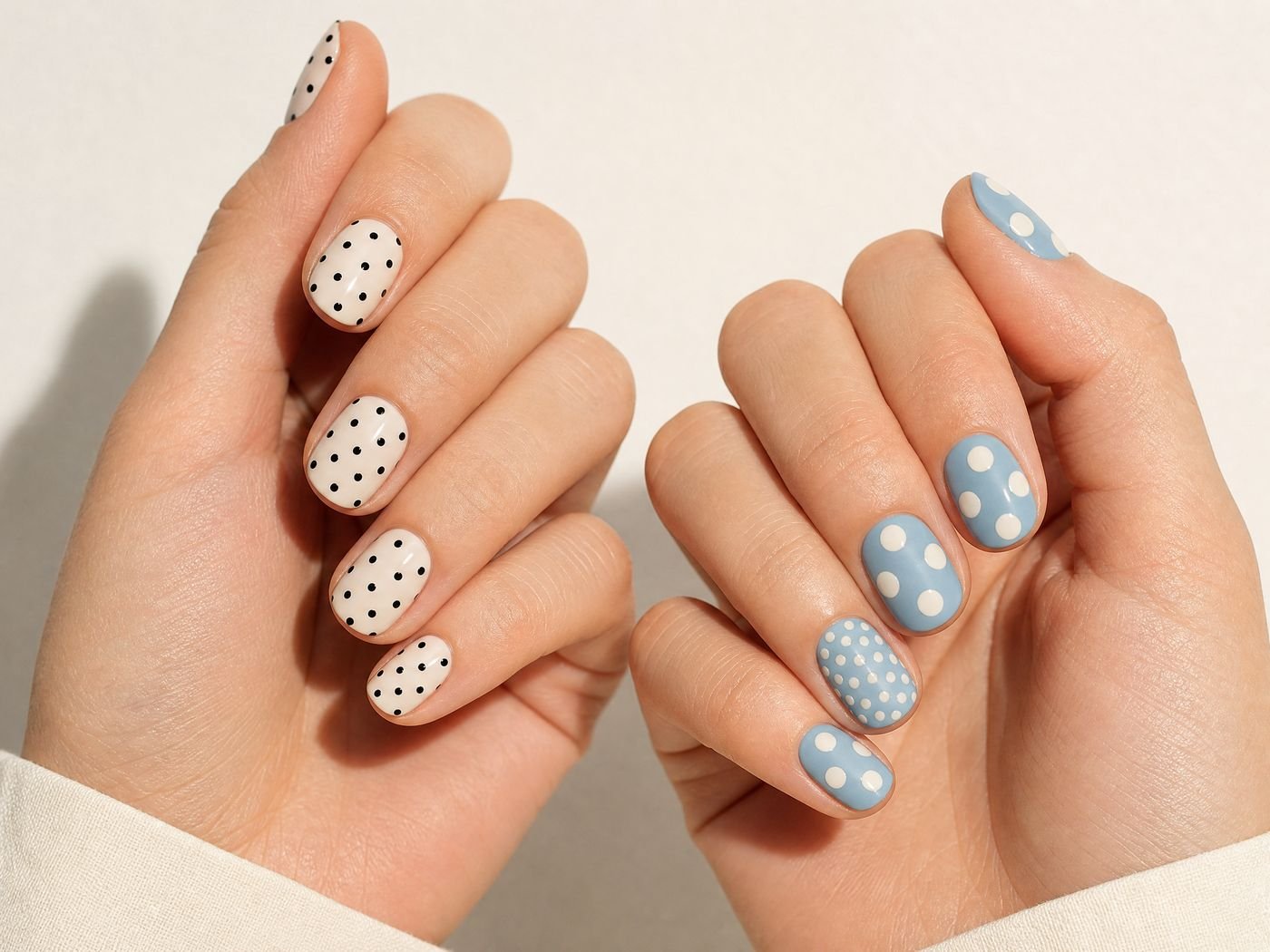 Close-up detail of a manicured hand with precise black and cream polka-dot nail art