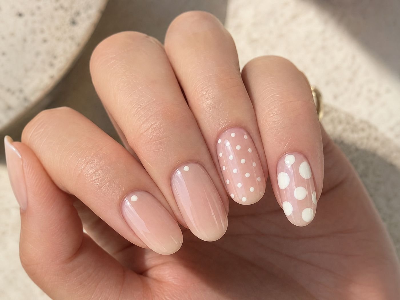 Close-up of three nail lengths showing micro, medium, and large polka-dot scales