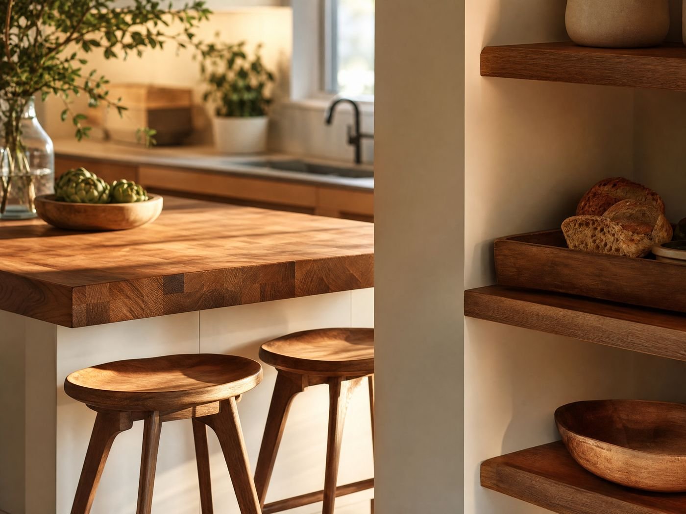 Close-up details of natural wood kitchen elements: cutting boards, stools, and warm hardware
