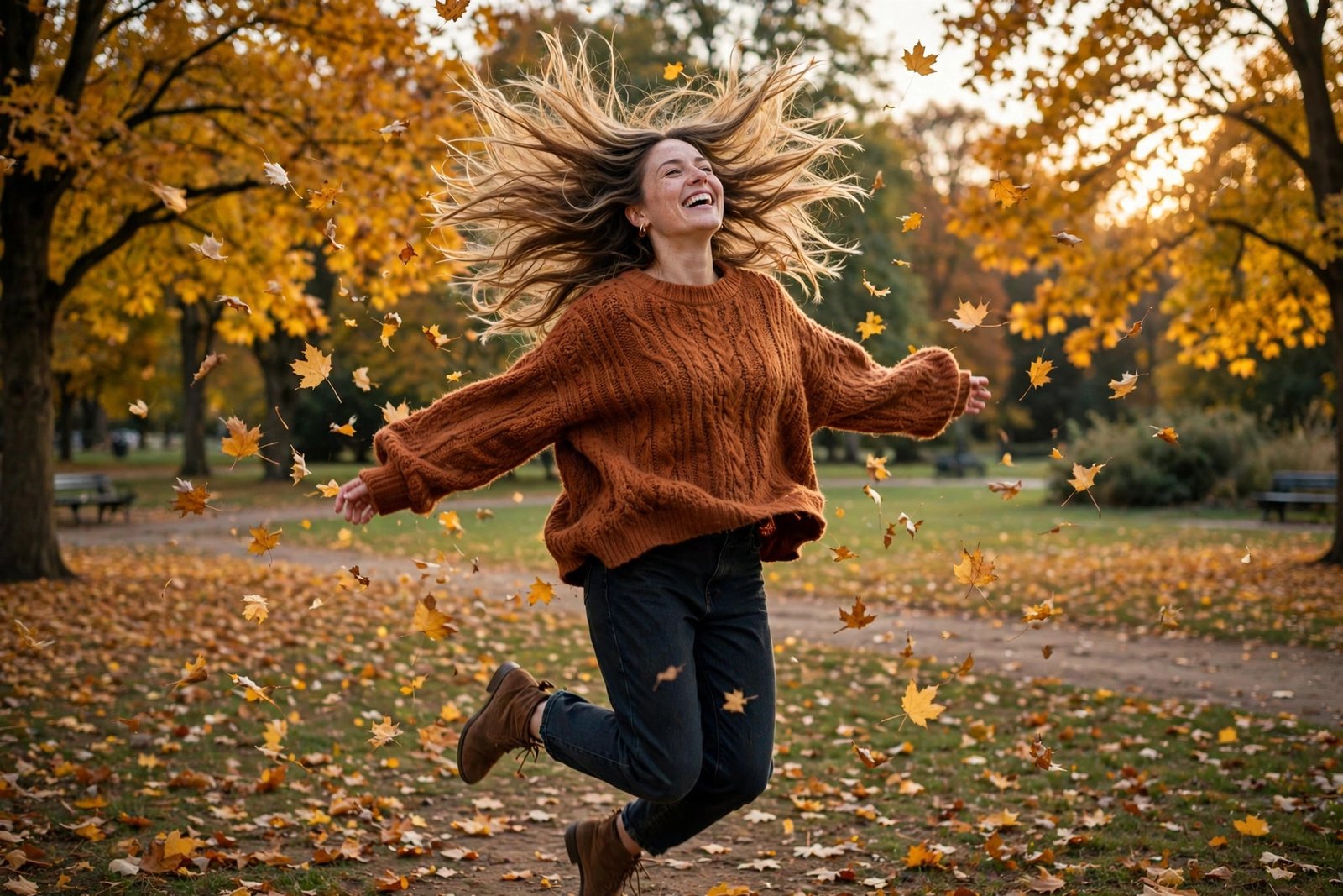 Woman with butterfly layers haircut tossing hair in an autumn park