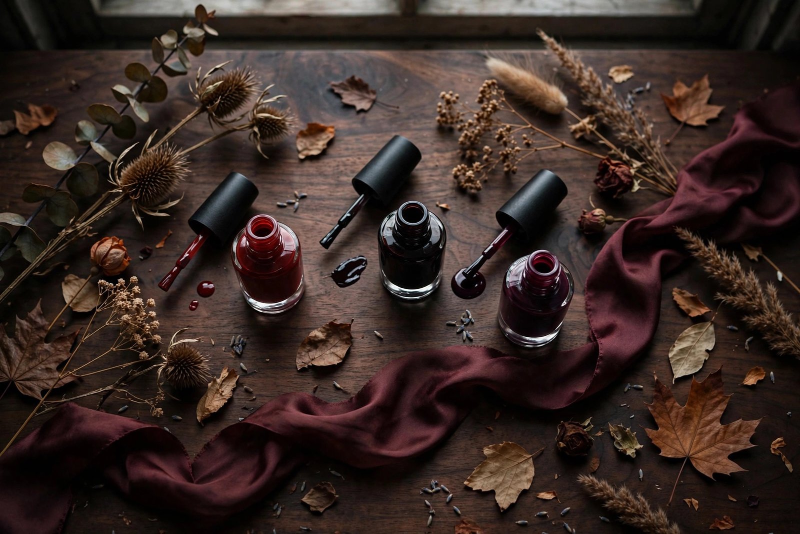 Oxblood and black cherry nail polish bottles with autumn flowers flat-lay