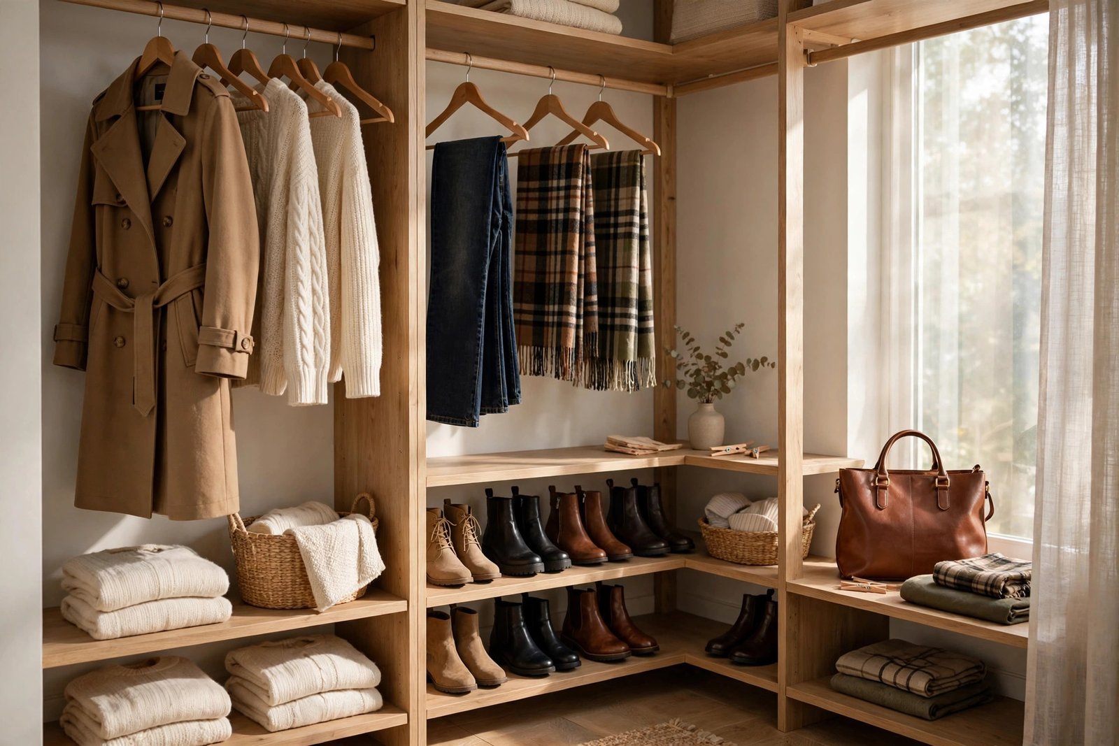 Walk-in closet with organized fall capsule wardrobe 2026