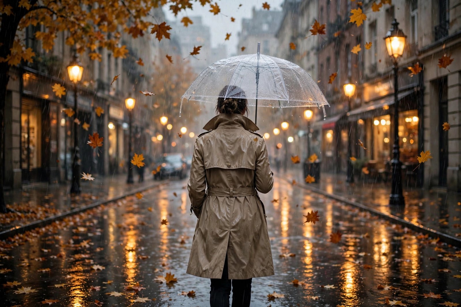 Woman in a beige trench coat walking on a rainy autumn street