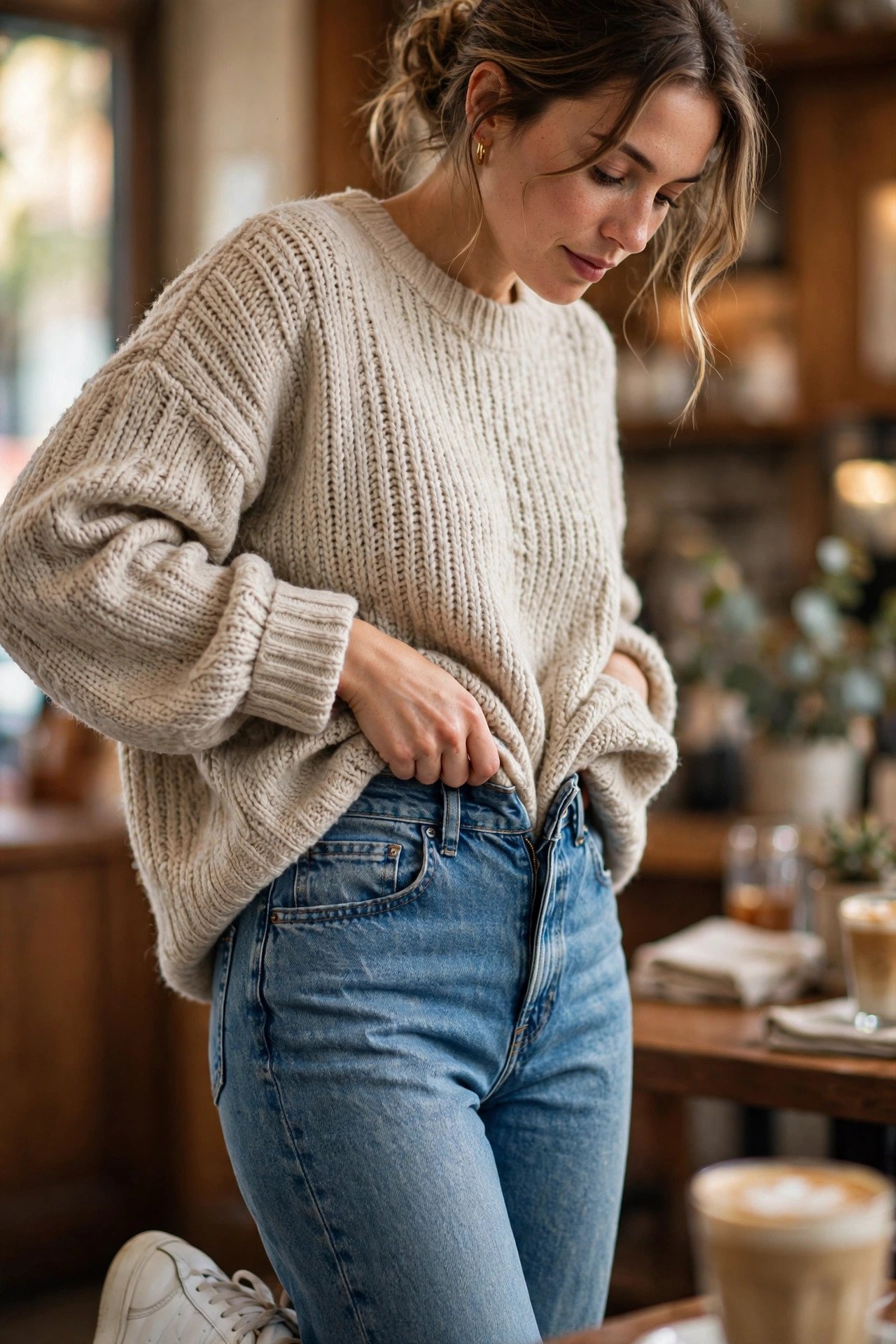 The Half-Tuck Trick That Makes Oversized Sweaters Flattering