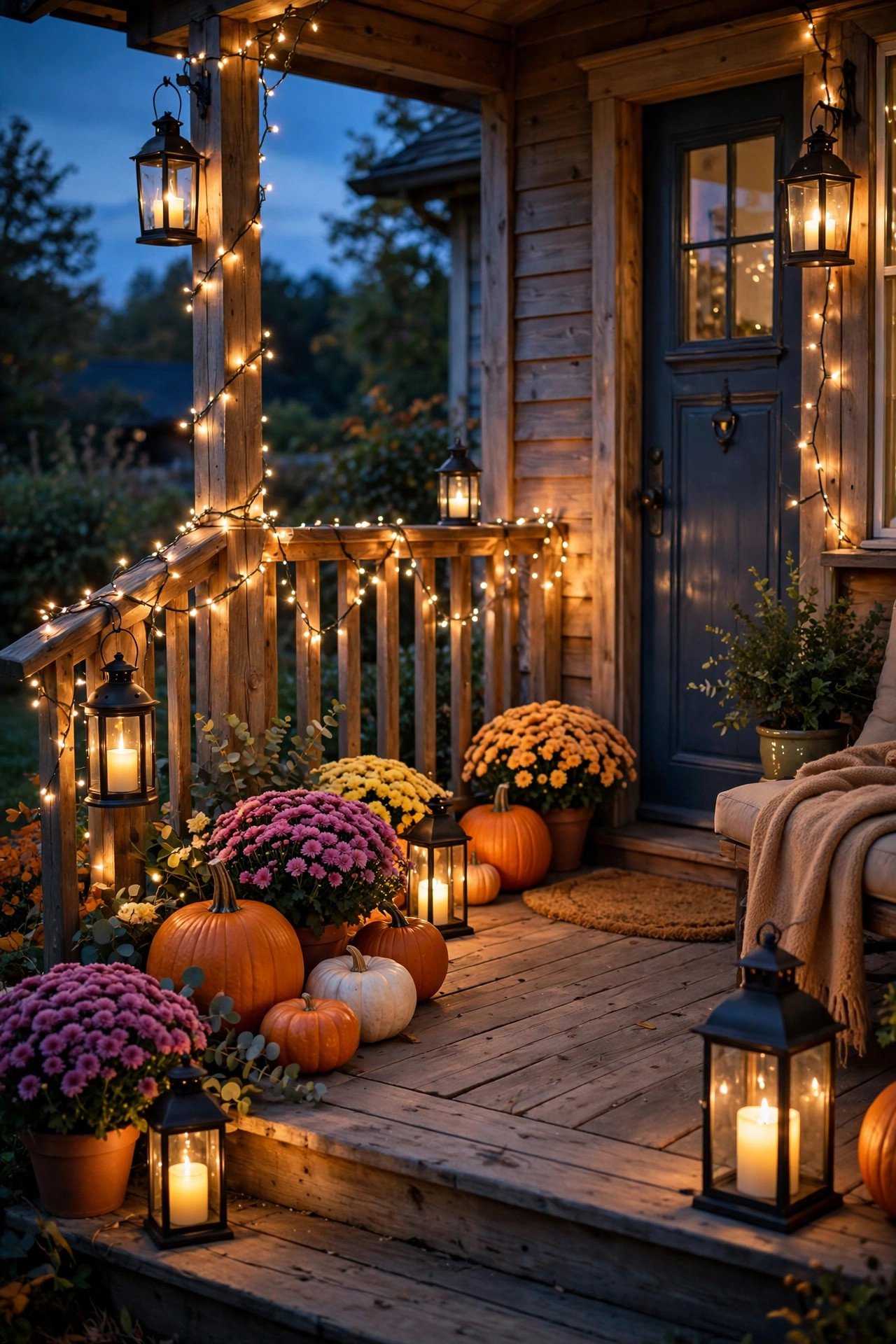 Lanterns + Fairy Lights: Cozy Fall Porch Glow at Night