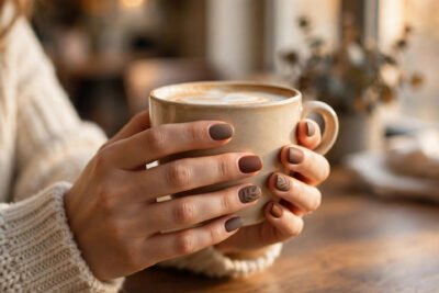 Woman's hands with cozy matte fall nail designs 2026 holding a warm latte