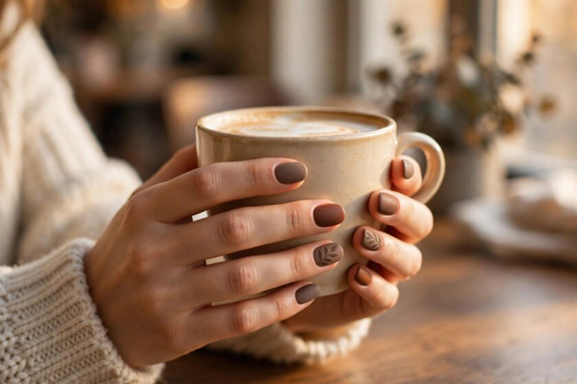 Woman's hands with cozy matte fall nail designs 2026 holding a warm latte