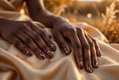 Elegant hands with dark skin wearing chocolate brown fall nails with gold accents
