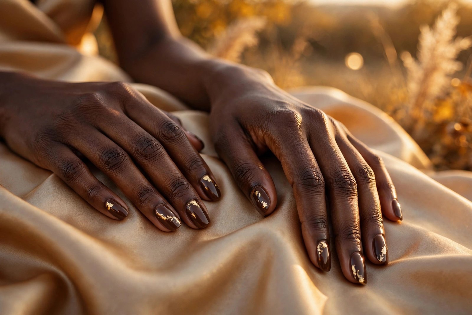Elegant hands with dark skin wearing chocolate brown fall nails with gold accents
