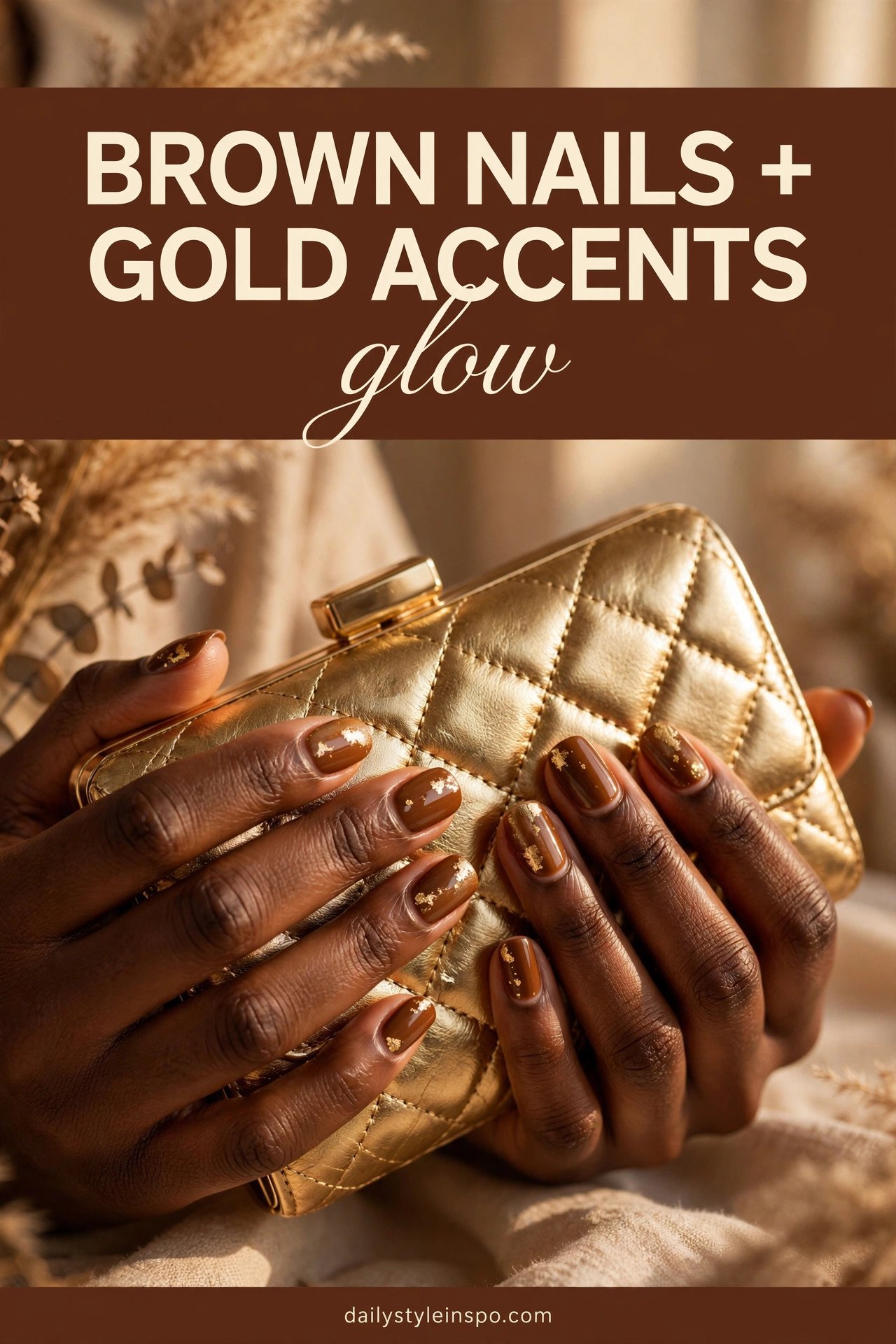 Warm brown fall nails with gold accents on dark skin