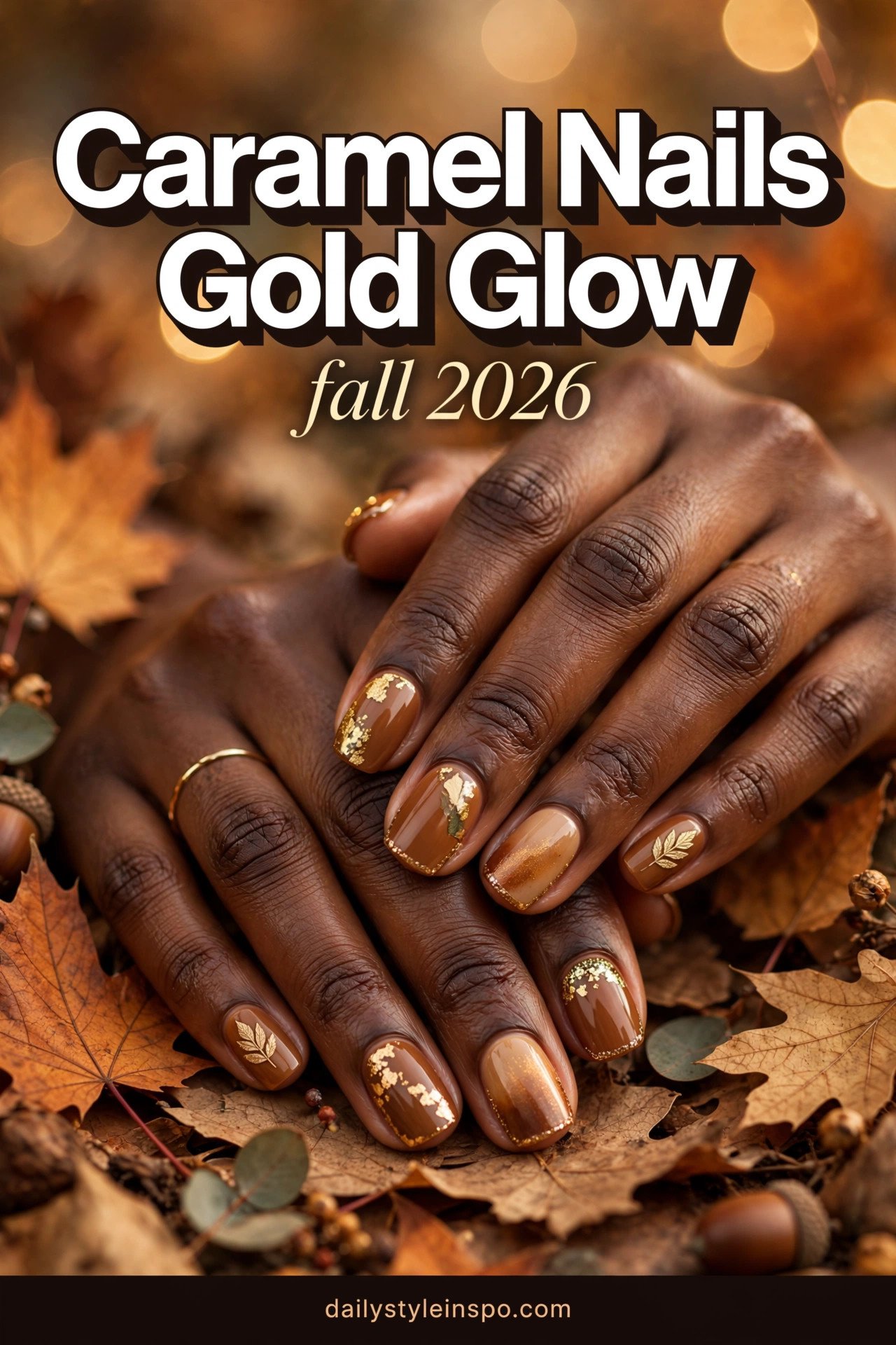 Gold accents and caramel fall nail designs for dark skin tones