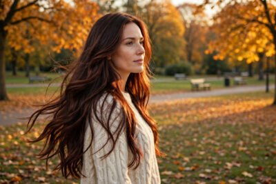 Woman with rich cherry mocha and burnt copper hair colors for fall 2026