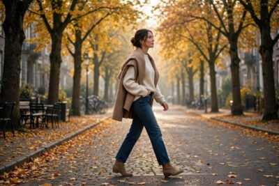 Elegant fall jeans outfits in neutral fashion for everyday chic