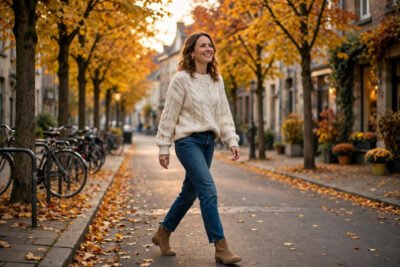Woman wearing cozy knit sweater layers with classic dark denim jeans and tan ankle boots in autumn