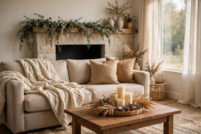 Neutral fall living room decor with beige sofa, cozy knit throw and fall centerpiece