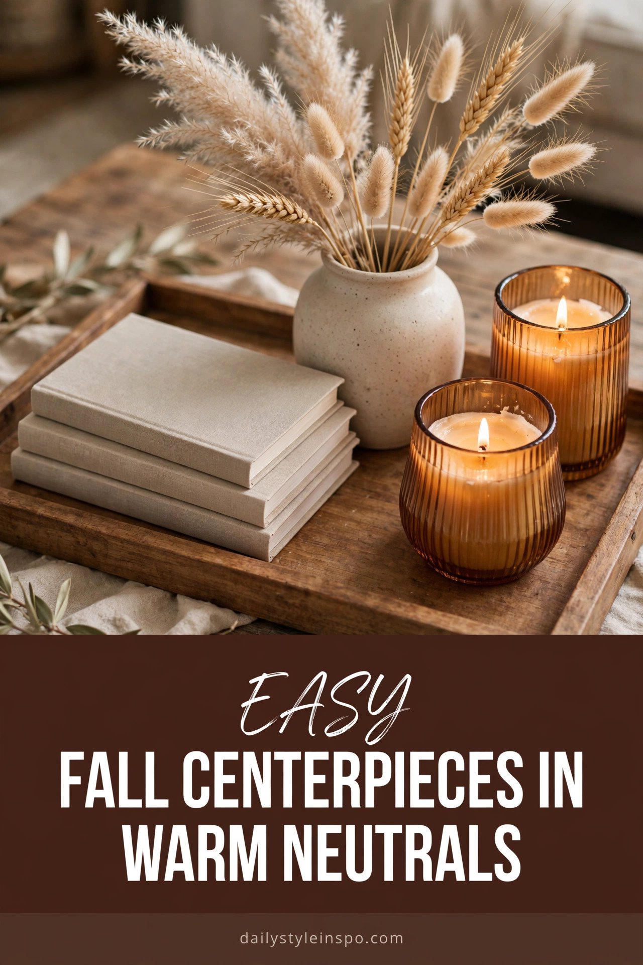 Fall centerpiece tray with candles and dried stems for coffee table