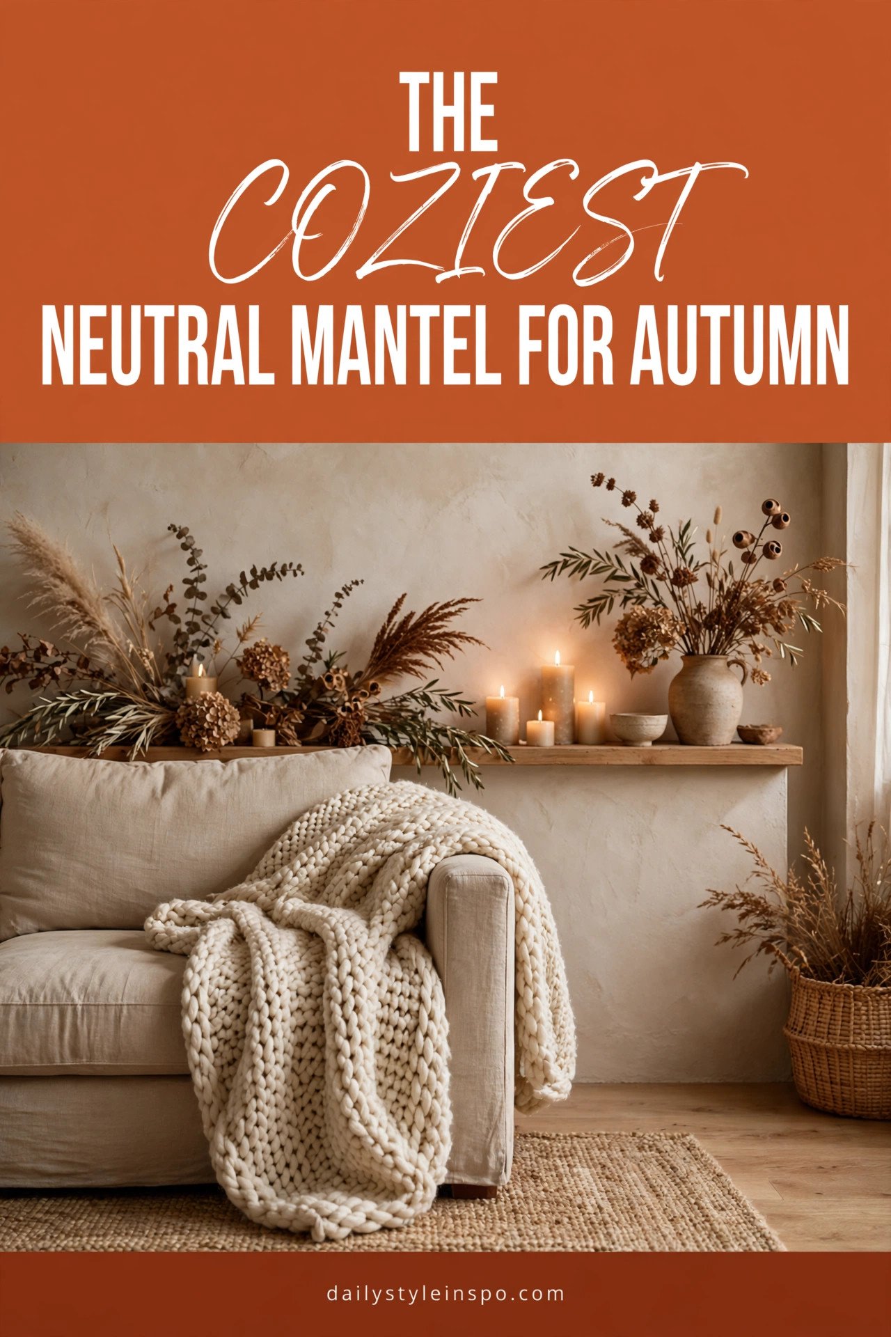 Cozy fall decor neutral living room with knit throws and pillows