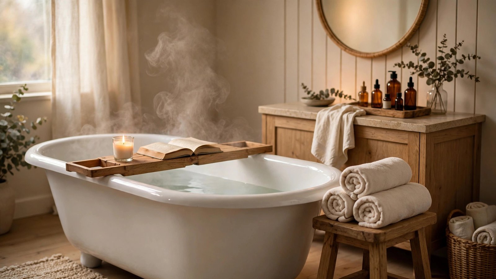 Cozy fall bathroom decor with candles on tray and warm neutral towels