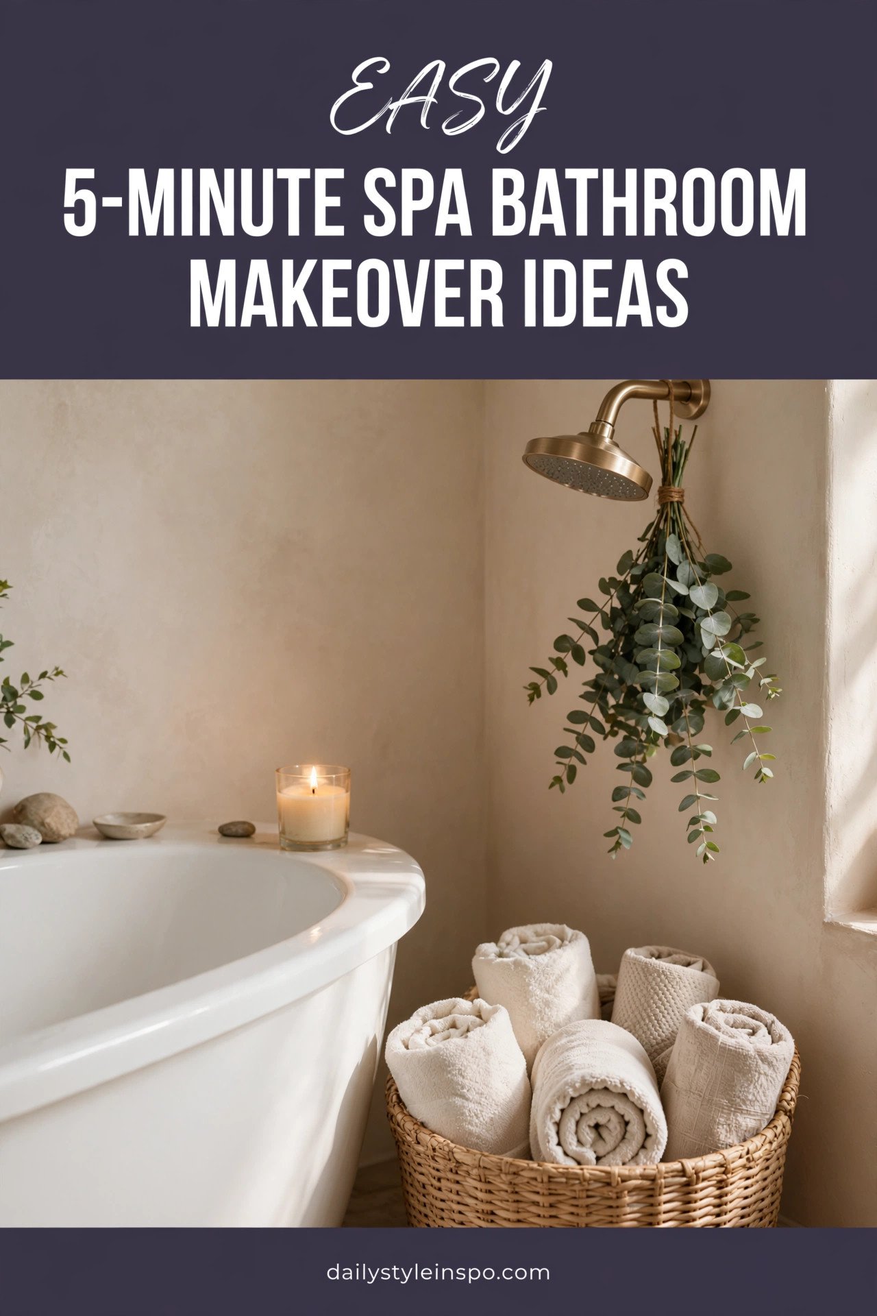 Spa-like bathroom with warm neutral tones and eucalyptus