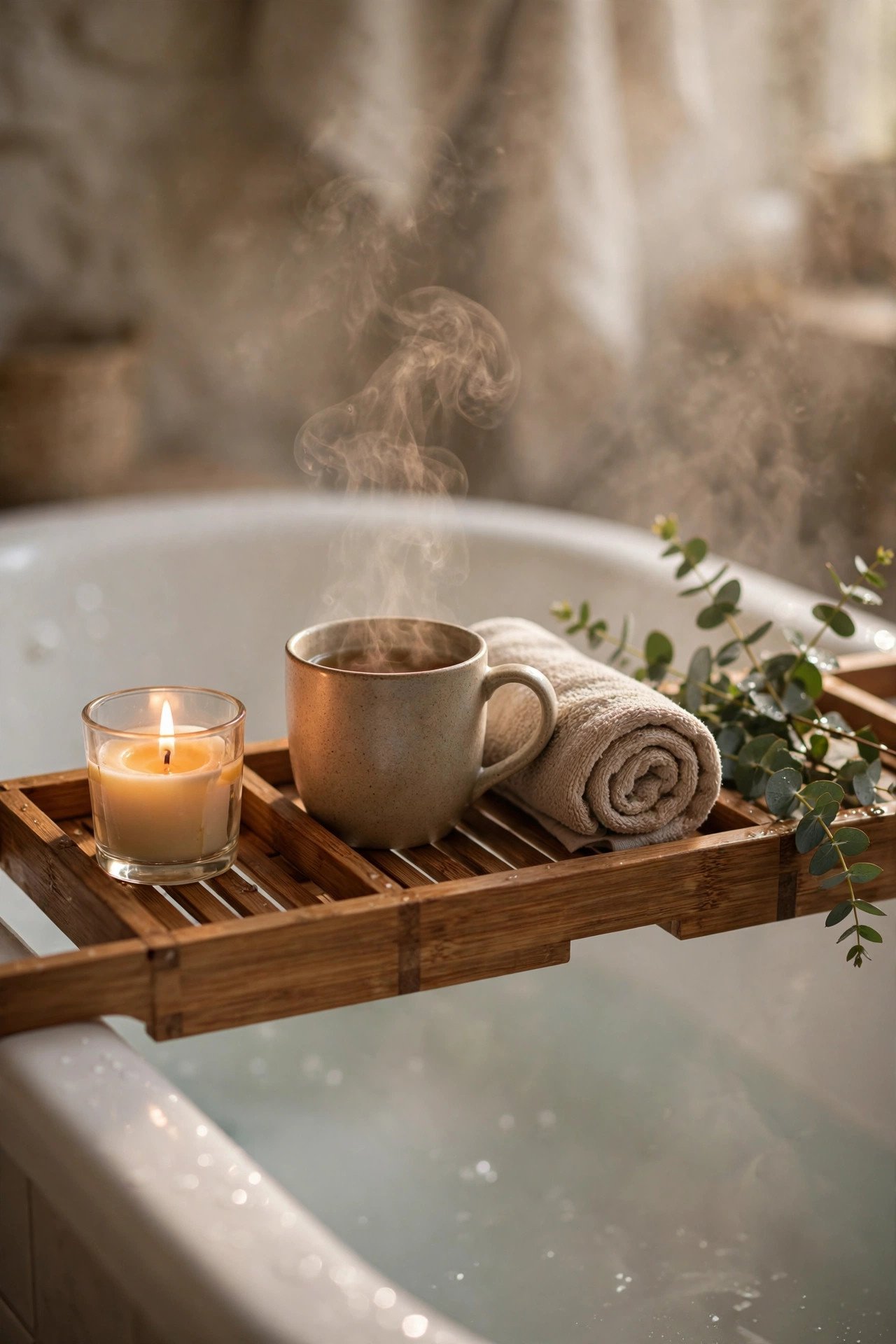 Bathroom tray decor styled with candles and amber bottles