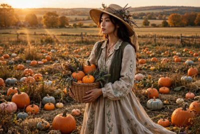 Woman in a cottagecore witch costume with a linen prairie dress, woven basket, and straw hat in a pumpkin patch