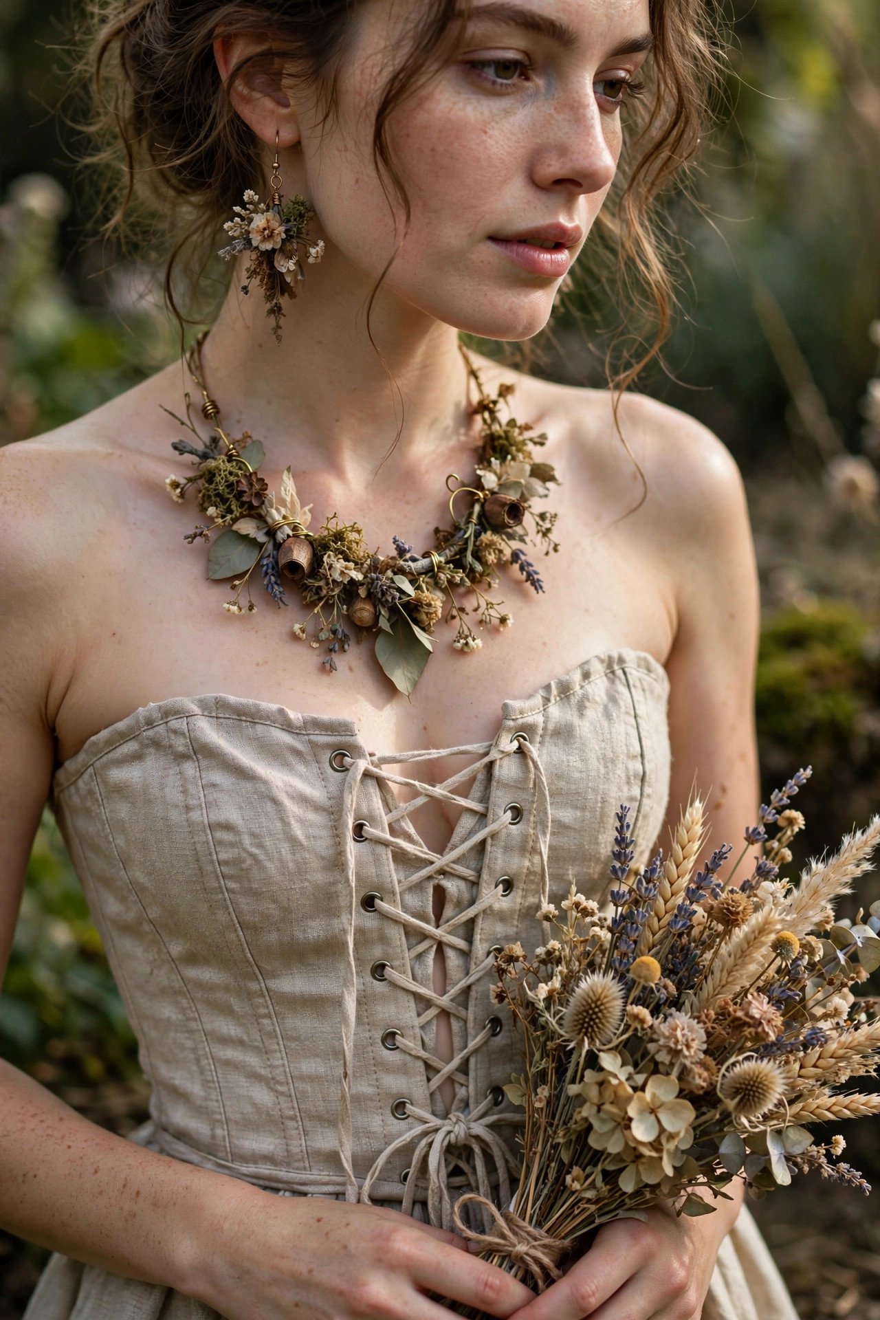 Close-up of cottagecore witch costume details: botanical jewelry, linen corset, and a dried flower bouquet