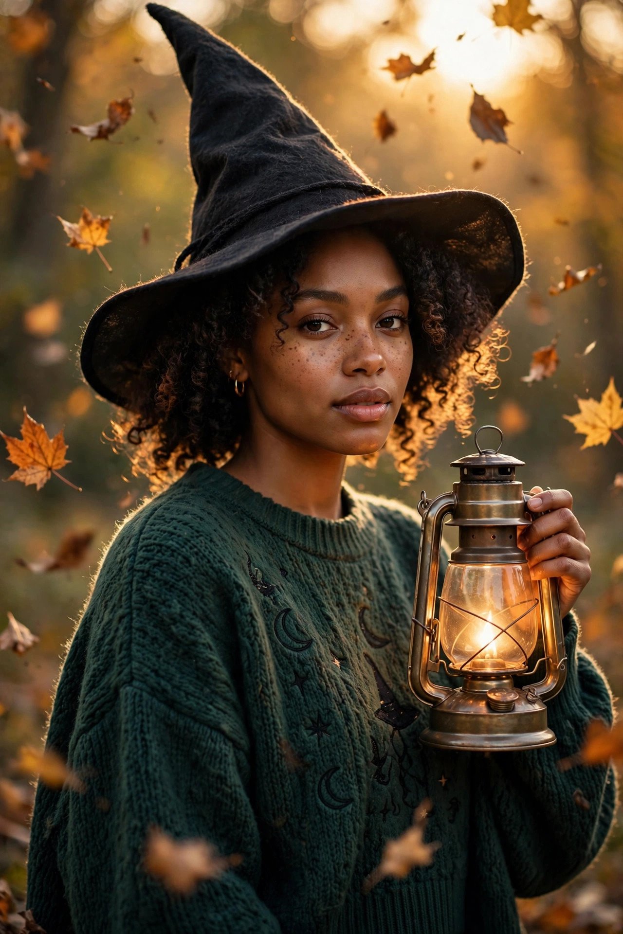 Woman in a cozy oversized sweater witch costume holding a lantern among autumn leaves at golden hour