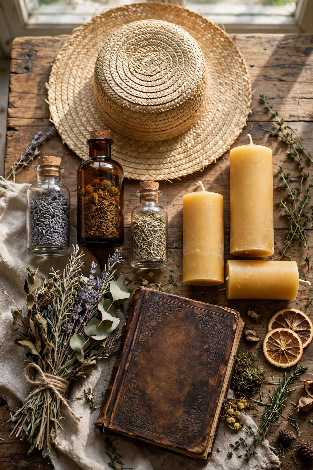 Flat lay of cottagecore witch costume accessories: straw hat, apothecary bottles, candles, and a vintage book