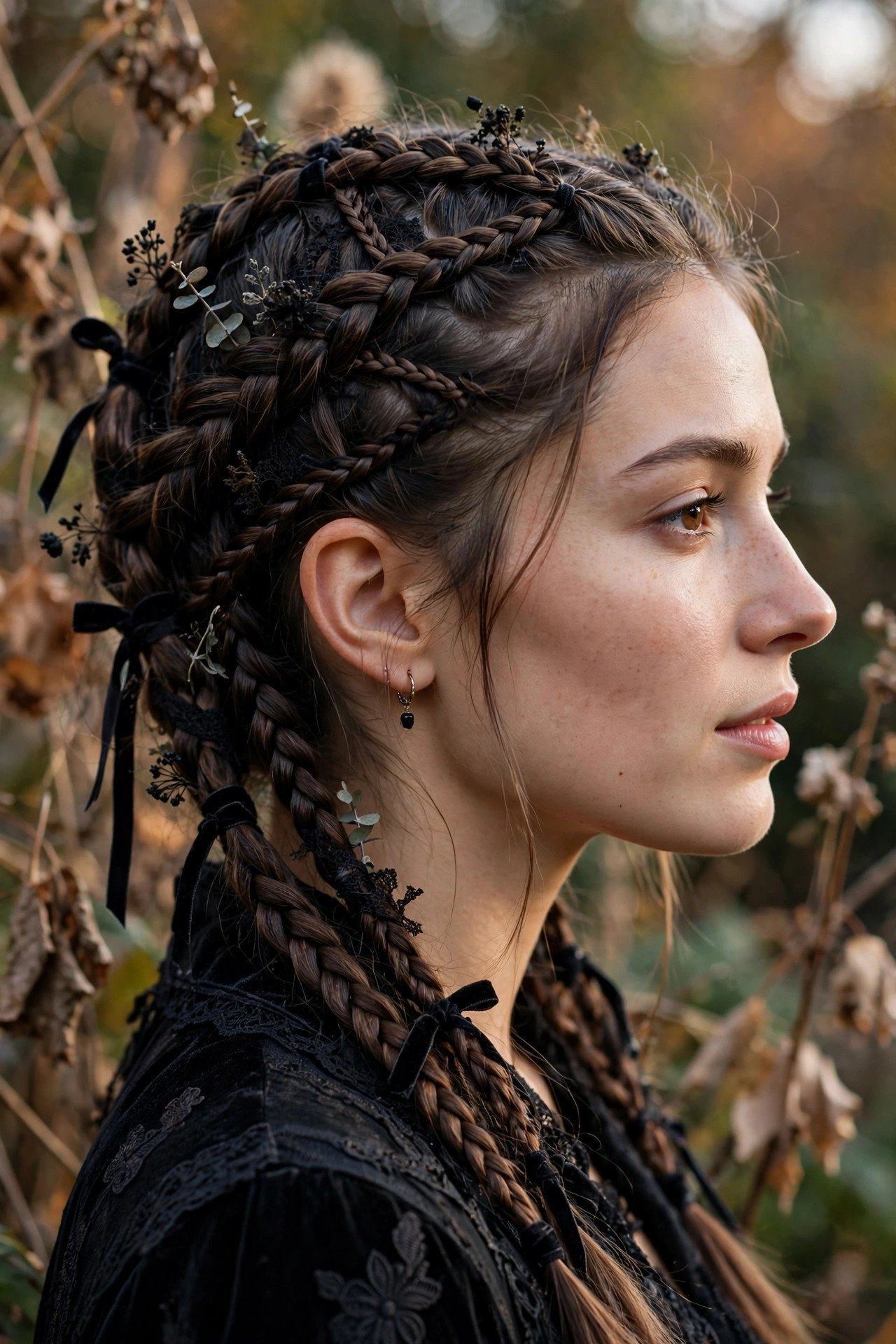 Back view of two tight Wednesday Addams braids, an easy Halloween hairstyle for long hair