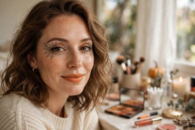 Woman with spiderweb eyeliner makeup, one of 12 easy Halloween makeup looks for beginners