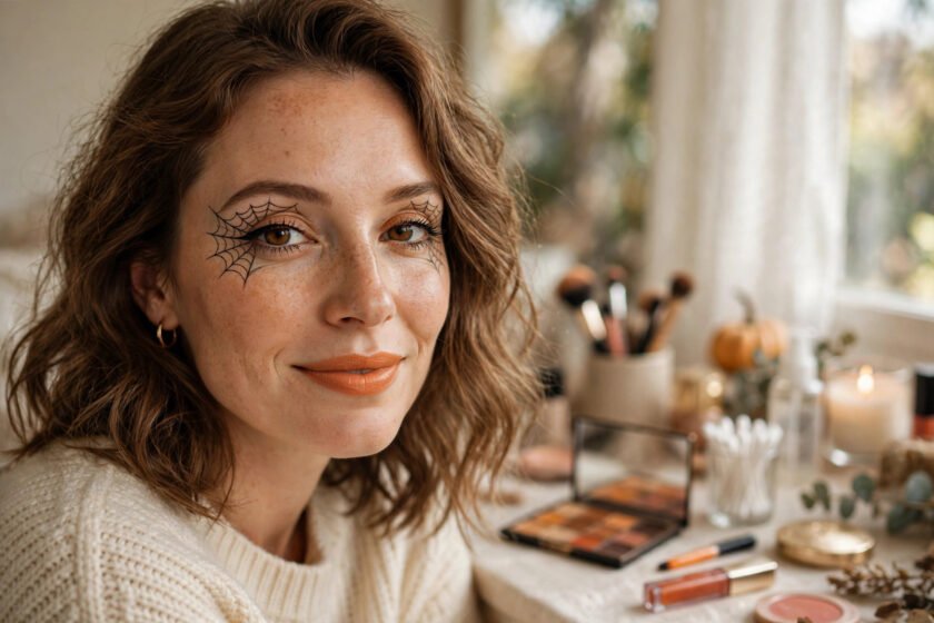 Woman with spiderweb eyeliner makeup, one of 12 easy Halloween makeup looks for beginners
